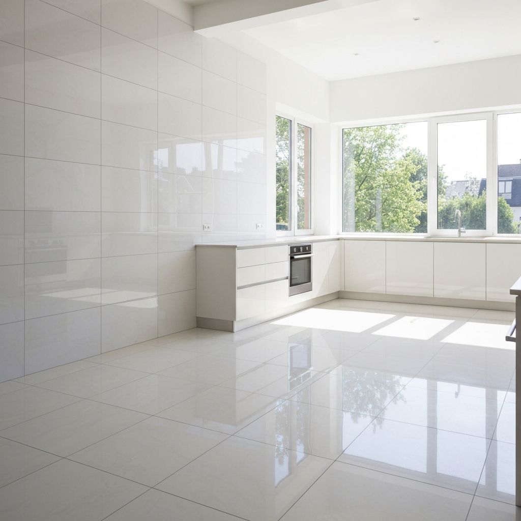 מטבח נקי עם אריחים גדולים מבריקים לאחר ניקיון יסודי