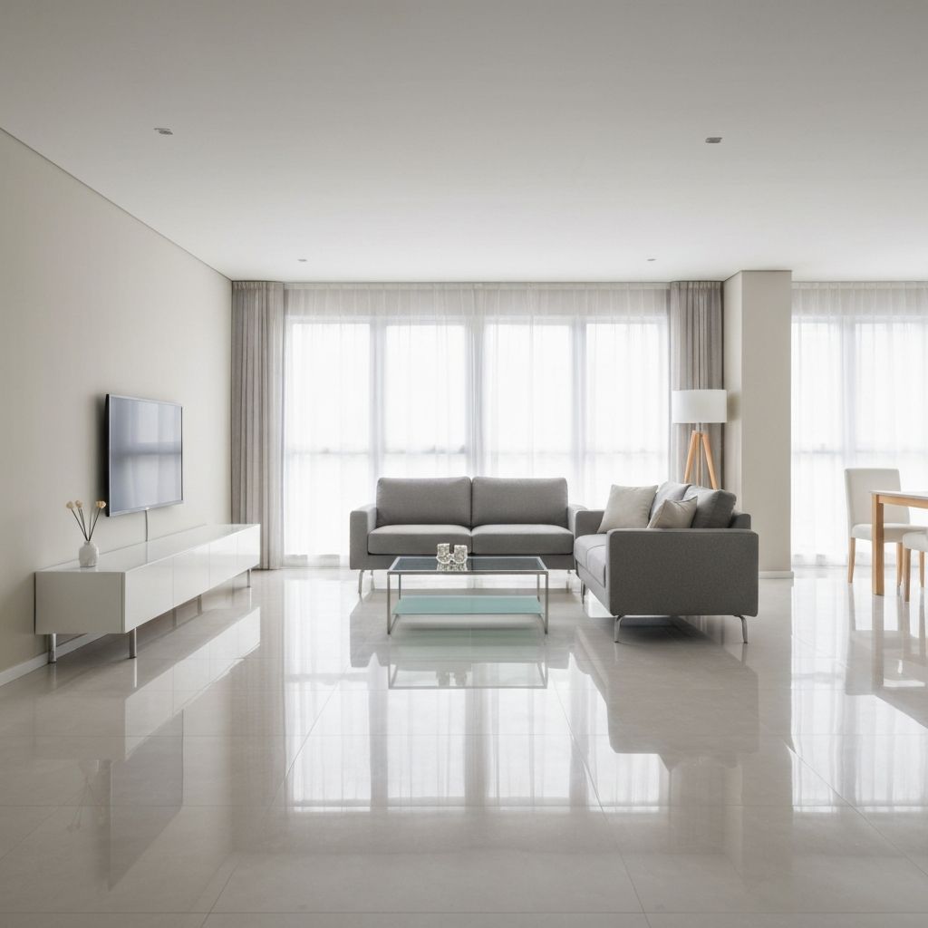 סלון נקי עם אריחים גדולים מבריקים מוכן לאיכלוס